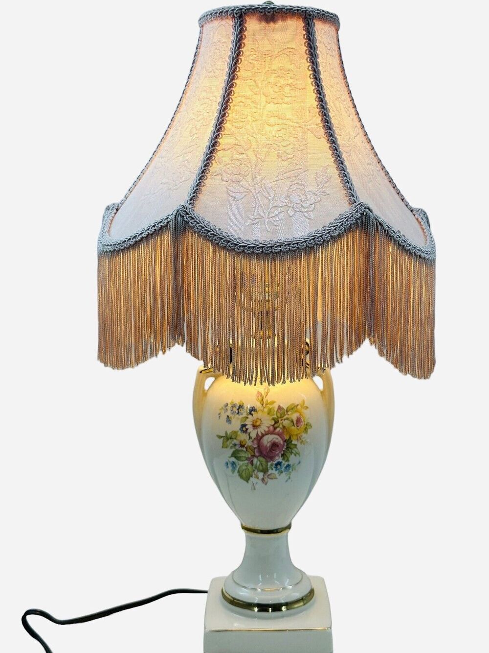 Boudoir Fringe Shaded Lamp Victorian Pink Bouquet Gilded Trim Vintage